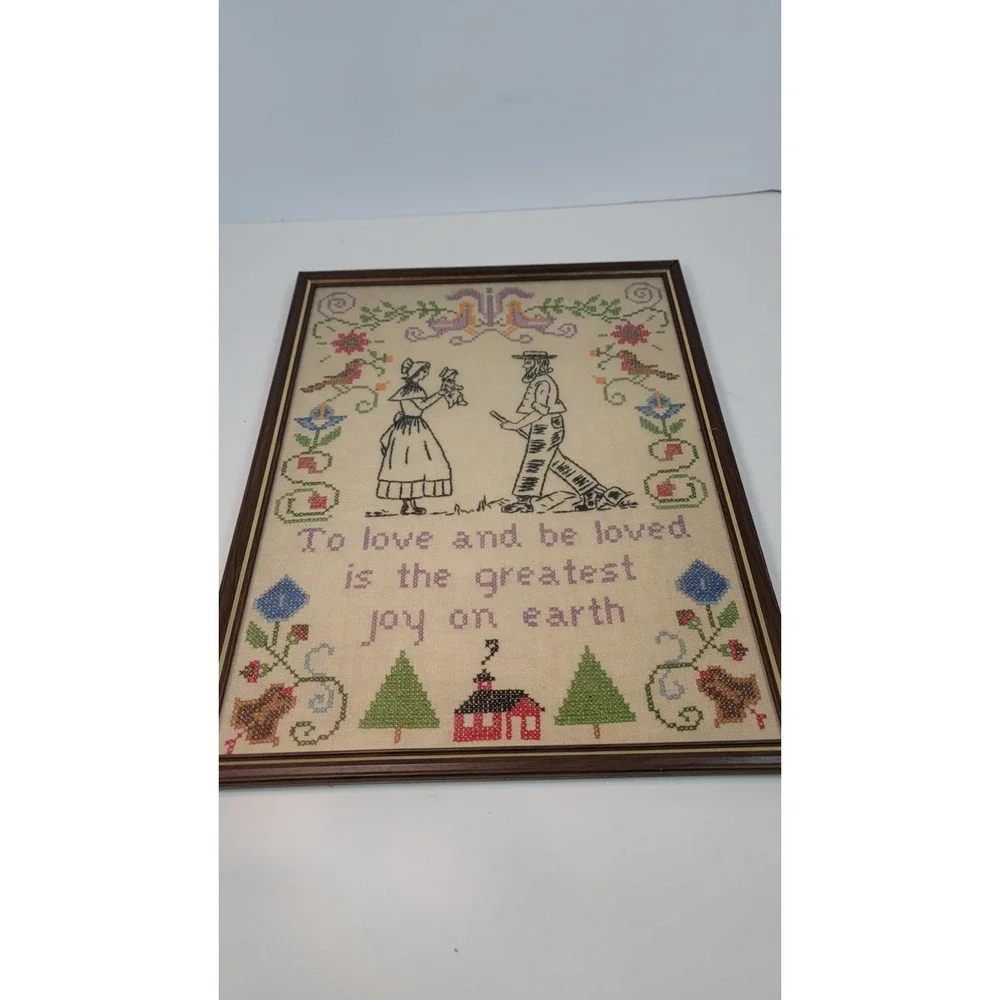 Vintage Cross Stitch Art Country Rustic Farmhouse Amish Couple Framed Barn 16x12